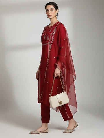 Varanga Women Thread & Sequin Embroidered Yoke Kurta With Trouser & Dupatta