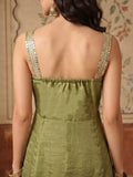 Olive Green Embellished Sharara Set With A Mirror Work Strappy Top & Dupatta.