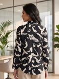 Black Coloured Slim Collar Long Sleeves Graphic Shirt