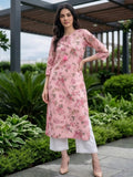 Varanga Women Grey Floral Printed Wit V-Neck And Three Quater Sleeve Straight Kurta