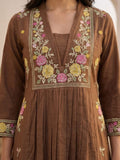 Floral Embroidered Brown Ethnic Kurta With Gathered Detailing