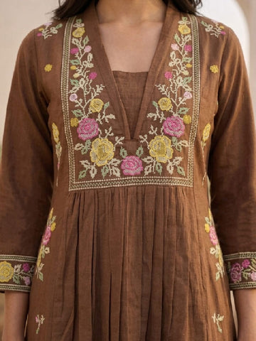 Floral Embroidered Brown Ethnic Kurta With Gathered Detailing