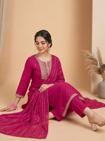 Kurta Adorned With Thread Embroidery, Teamed With Trousers And Paired With Dupatta With And Lace Detailing