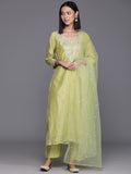 Varanga Women Green Floral Embroidered Chanderi Silk Kurta With Trousers And Dupatta