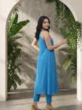 Varanga Women Halter Neck Blue Sleeveless Flared Kurta Paired With Tonal Bottom