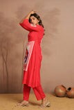 Abstract Crimson0 Front-Graphic Button-Down Kurta Set