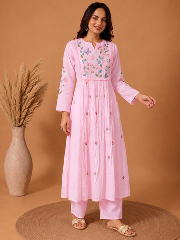 Varanga Women Floral Embroidered Empire Thread Work Pure Cotton Kurta with Trousers & With Dupatta