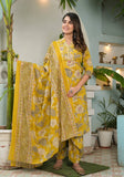 Varanga Women Yellow Floral Printed Mirror Embellished Straight Kurta Paired With Afghani Bottom And Printed Dupatta