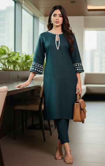 Varanga Women Bottle Green Embroidered Kurta Set