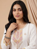 Varanga Women Elegant White 3-Piece Suit Set With Woven Kurta, Straight Pants, And A Rich Brocade Dupatta.