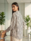 Cream Coloured Slim Collar Long Sleeves Abstract Shirt