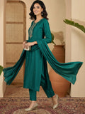 Purple 3-Piece Set With A Beadwork Yoke Kurta, Solid Trousers And Dupatta
