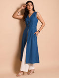 Sleeveless Blue Linen Kurta