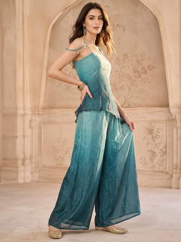 Varanga Women Ombre Dyed Asymmetrical Silk Crepe Top with Palazzos