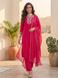 Varanga Women Kurta Adorned With Thread Embroidery With Trousers And Dupatta Featuring Lurex And Lace Detailing