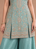 Sea Blue Embroidered Kurta Set Featuring Zari And Sequin Work With A Matching Flared Palazzo And Embellished Dupatta