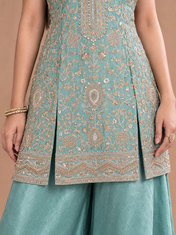 Sea Blue Embroidered Kurta Set Featuring Zari And Sequin Work With A Matching Flared Palazzo And Embellished Dupatta