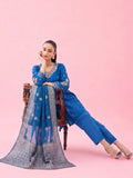 Blue Embroidered Chanderi Kurta Set With Straight Pants And Zari-Bordered Dupatta.