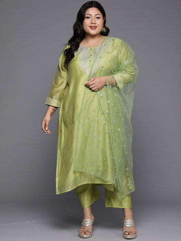 Varanga Women Green Floral Embroidered Regular Chanderi Silk Kurta with Trousers & With Dupatta