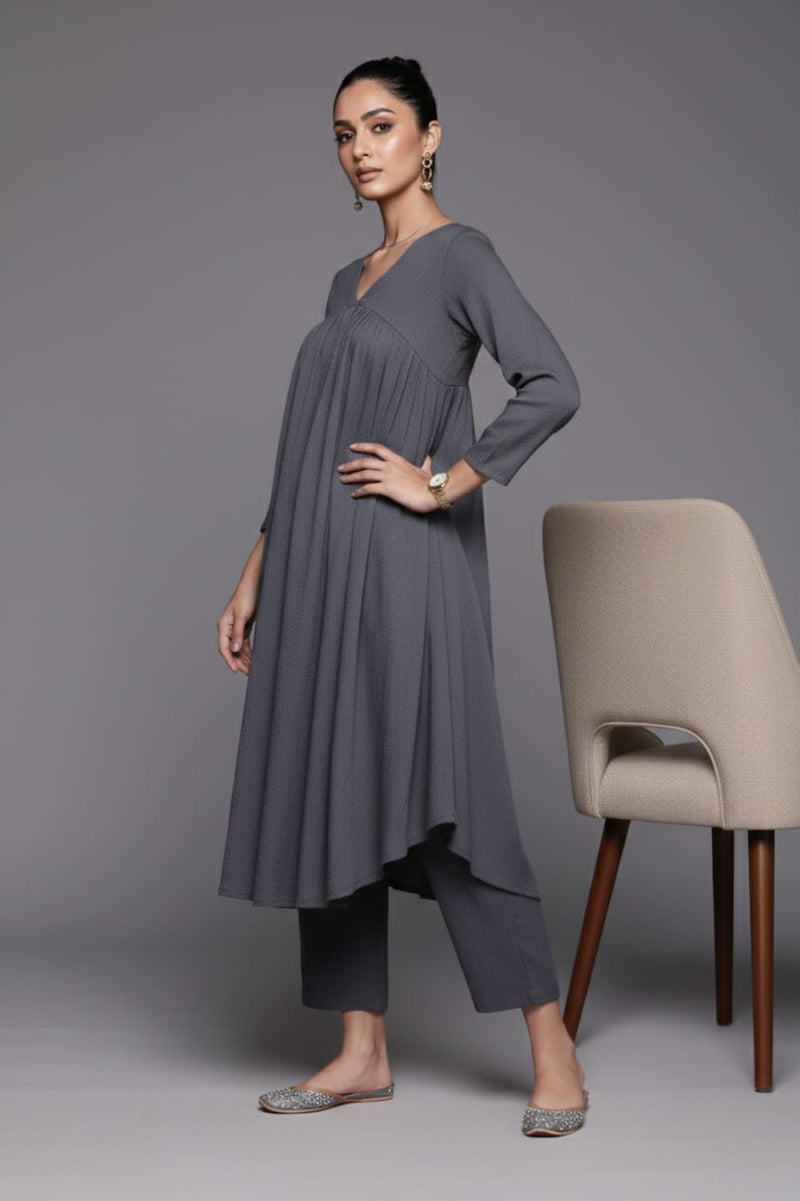 Varanga Women Grey Empire Gathered Details A-Line Kurta Paired With Tonal Bottom