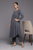 Varanga Women Grey Empire Gathered Details A-Line Kurta Paired With Tonal Bottom