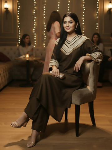 Zari Embroidered Lace Neck Flared Kaftan with Trouser