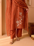 Rust Shiny Kurta Set With Embroidered Dupatta