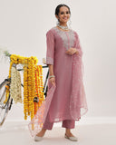 Varanga Women Mauve Floral Embroidered Regular Chanderi Silk Kurta With Trousers & With Dupatta