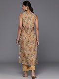 Varanga Beige Floral Printed High Slit Fusion Kurta with Trousers