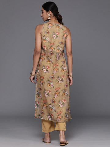 Varanga Beige Floral Printed High Slit Fusion Kurta with Trousers
