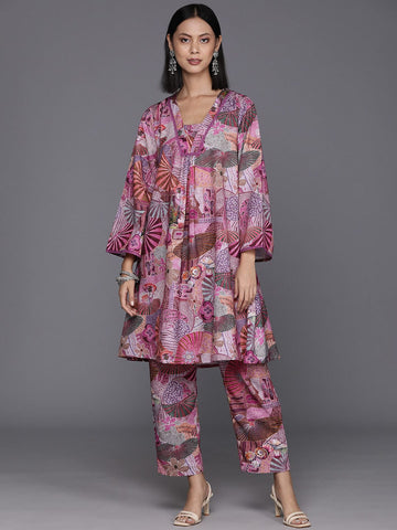 KSUT Women Purple Abstract Printed V-Neck A-Line Kurta Paired With Tonal Bottom