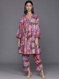 KSUT Women Purple Abstract Printed V-Neck A-Line Kurta Paired With Tonal Bottom