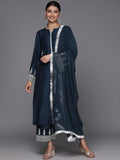 Varanga Women Navy Blue Embroidered Straight Kurta Paired With Tonal Bottom And Dotted Dupatta With Four Sided Fringes