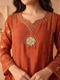 Rust Embroidered Shimmer Kurta Set With Embroidered Dupatta