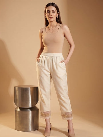 Varanga Women Varanga Off White Silk Organza Zari Embellished Trousers