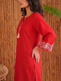 Women Red Embroidered Solid Straight Kurta With Trousers