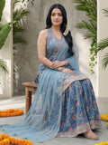 Azure Blue All-Over Floral Print Kurta Set With Dupatta