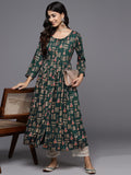Varanga Navy Green And Gold Toned Abstract Printed Round Neck Kurta