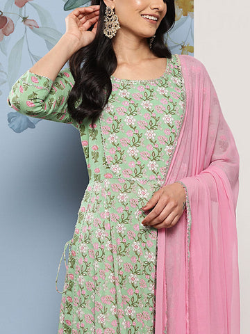 Varanga Pista Green Women Floral Printed Empire Gotta Patti Pure Cotton Kurta Set
