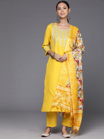 Varanga Women Yellow Gota Embroidered Straight Kurta With Tonal Bottom And Printed Dupatta