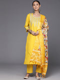 Varanga Women Yellow Gota Embroidered Straight Kurta With Tonal Bottom And Printed Dupatta