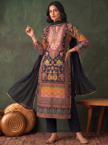 Women'S Black Floral Printed Straight Kurta Set With Tonal Dupatta