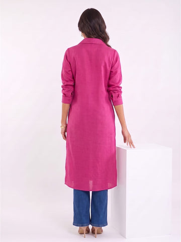 Pink Shirt-Style Kurta Elevated With Chic Contrast Stitch Detailing.