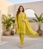 Kurta Set With 3D Work On The Sleeves Paired With Solid Trousers And Dupatta.