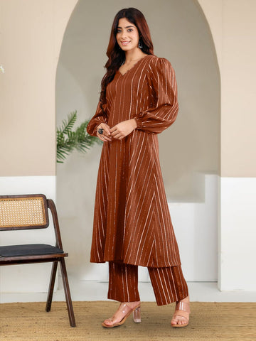 Varanga Women Brown Lurex A- Line Kurta With Trousers