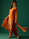 Rust Straight-Fit Calf-Length Kurta With Stone-Embellished Print Paired With Solid Ankle-Length Trousers And A Printed Dupatta