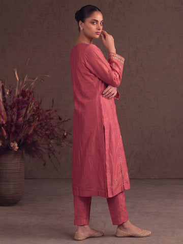 Salmon Pink Zardosi Embroidered Silk Suit Set
