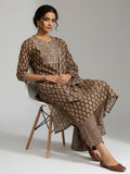 Brown Ethnic Jaipuri Printed Thread Embroidered Kurta With Trouser & Dupatta