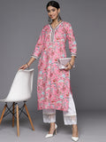 Varanga Women Pink Floral Printed Straight Kurta With Three Quarter Sleeves