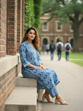 Blue Ethnic Printed Straight Kurta with Notched Neck and Three-Quarter Sleeves